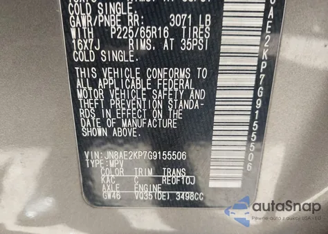 2016 Nissan Quest Platinum/S/Sl/Sv from USA, damaged, VIN JN8AE2KP7G9155506